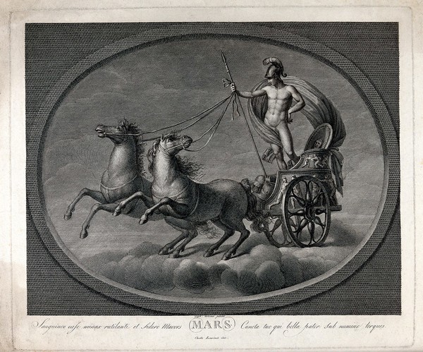 Astronomy: Mars with his sword, in his chariot. Engraving by C. Lasinio after Raphael, 1516.