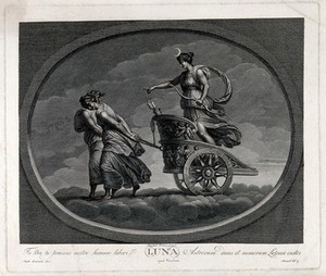 view Astronomy: the moon goddess (Diana), in her chariot drawn by a pair of women. Engraving by C. Lasinio, 1695, after Raphael, 1516.