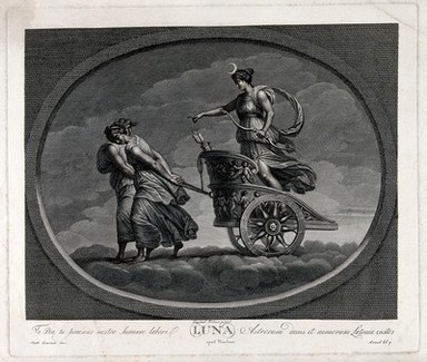 Astronomy: the moon goddess (Diana), in her chariot drawn by a pair of women. Engraving by C. Lasinio, 1695, after Raphael, 1516.