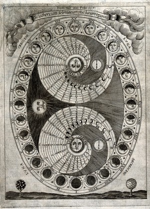 view Astronomy: the 28 phases of the moon in a lunar month. Engraving by P. Miotte.