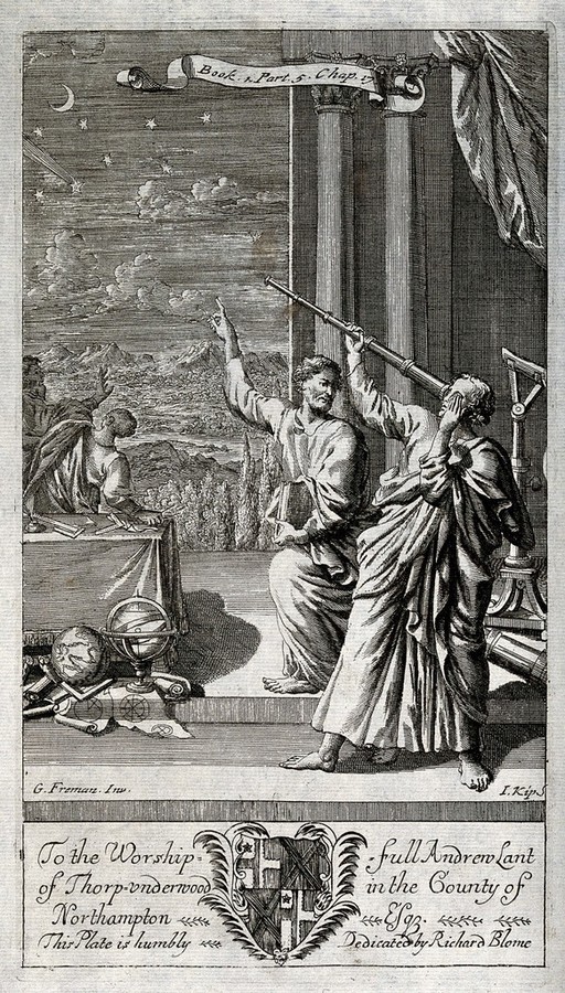 Astronomy: figues in classical dress observing a meteor or comet, one using a telescope. Engraving by J. Kip after G. Freman.