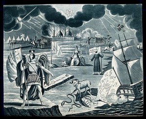 view Astronomy: various apocalyptic scenes, including a firing squad, war, and a sea battle. Coloured lithograph, [c.1828?].