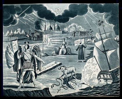 Astronomy: various apocalyptic scenes, including a firing squad, war, and a sea battle. Coloured lithograph, [c.1828?].