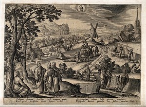 view The month August and the sign of Virgo, represented by harvest time and the disciples of Christ plucking of ears of corn on the Sabbath. Engraving by A. Collaert after H. Bol, 1585.