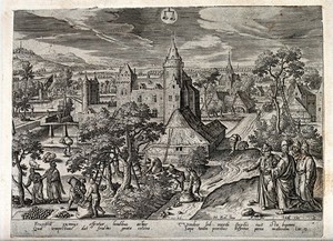 view The month September and the sign of Libra, represented by people gathering fruit from trees and the parable of the barren fig tree. Engraving by A. Collaert after H. Bol, 1585.