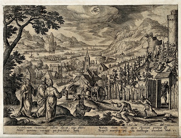The month October and the sign of Scorpio, represented by the vintage and by the parable of the unjust husbandmen. Engraving by A. Collaert after H. Bol, 1585.