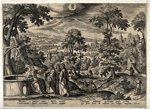 view The month May and the sign Gemini, represented by a hilly landscape in spring and Christ and the woman of Samaria. Engraving by A. Collaert after H. Bol, 1585.