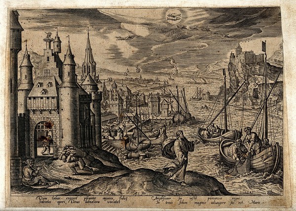 The month February and the sign of Pisces, represented by a fishing port by a city gate and by Christ's calling of the disciples. Engraving by A. Collaert after H. Bol, 1585.
