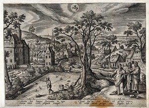 view The month April and the sign of Taurus, represented by a village in spring, and by the parable of the sower. Engraving by A. Collaert after H. Bol, 1585.