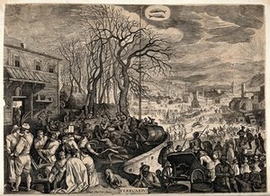 view Months of the year: February, in which people celebrate carnival by over-indulgence, frost-fairs etc. Engraving after P. Stevens II.