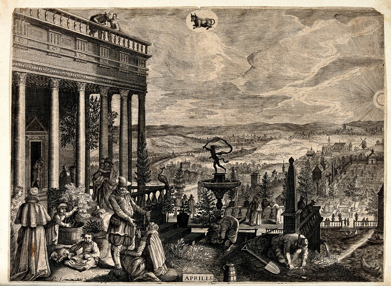 Months of the year: April. Engraving after P. Stevens., by Pieter Stevens