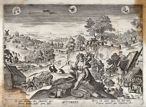 view Meteorology: the seasons, autumn. Engraving by A. Collaert after H. Bol, 1585.