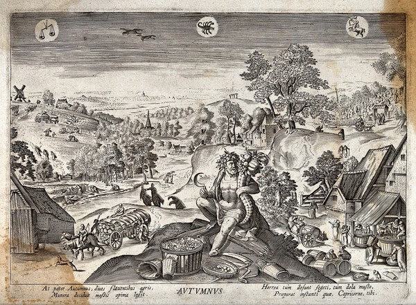 Meteorology: the seasons, autumn. Engraving by A. Collaert after H. Bol, 1585.