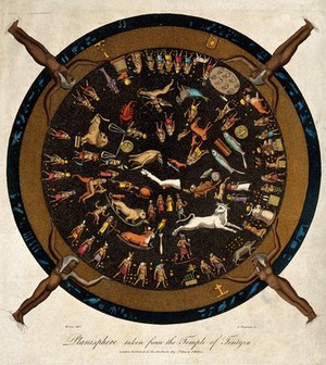 view Astrology: the Egyptian zodiac. Coloured engraving by J. Chapman after V. Denon.