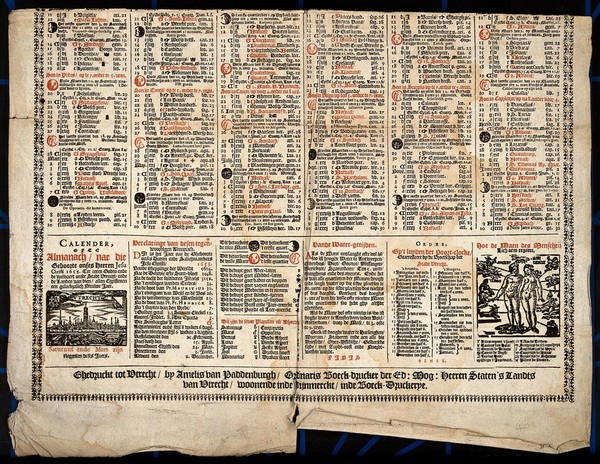 Astrology: an almanac for Utrecht for 1655. Letterpress with woodcuts, 1654.