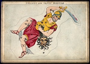 view Astrology: signs of the zodiac, Perseus with Medusa's head. Coloured engraving.