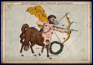 view Astrology: signs of the zodiac, Sagittarius. Coloured engraving by S. Hall.