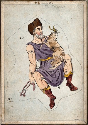 view Astronomy: signs of the zodiac, Auriga. Coloured engraving by S. Hall.