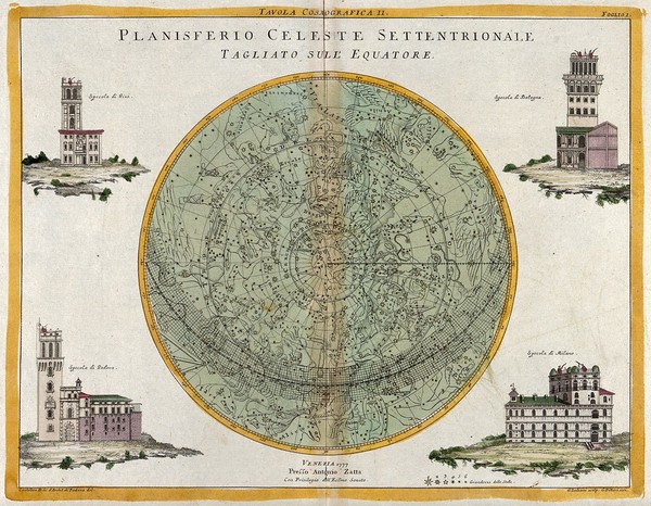 Astronomy: a star map of the night sky. Coloured engraving by G. Zuliani after Castellan, with lettering by G. Pitteri, 1777.