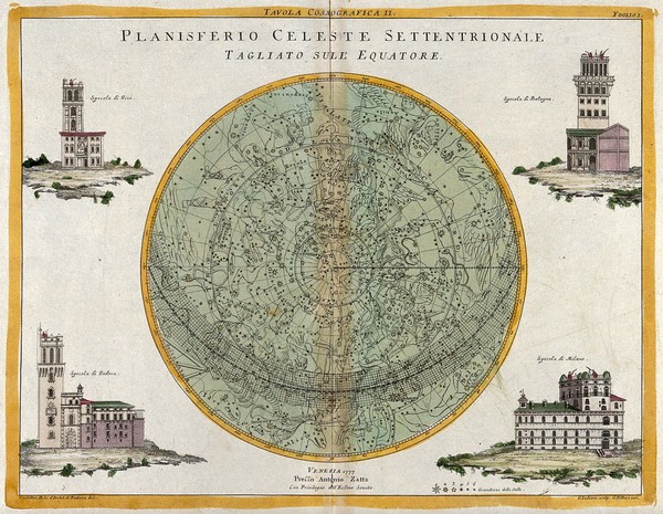 Astronomy: a star map of the night sky. Coloured engraving by G. Zuliani after Castellan, with lettering by G. Pitteri, 1777.