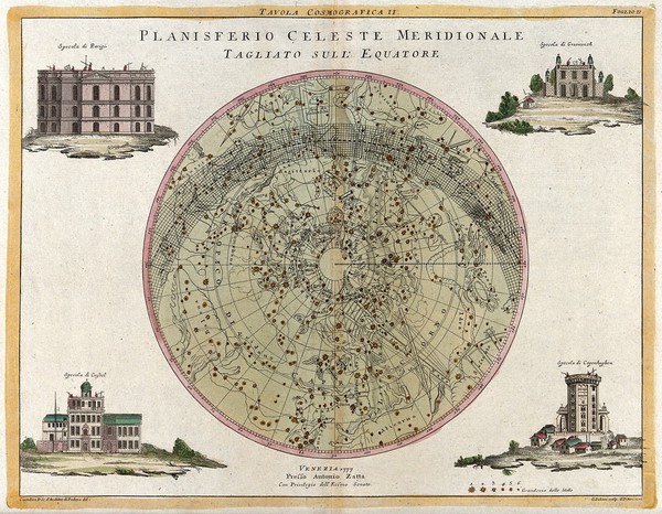 Astronomy: a star map of the night sky. Coloured engraving by G. Zuliani after Castellan, with lettering by G. Pitteri, 1777.