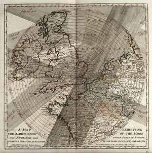 view Astronomy: a map showing the paths of several eighteenth century eclipses over England. Engraving, 1787.