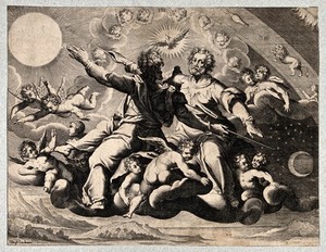 view The fourth day of Creation: God sets the sun, the moon, the stars and the signs of the zodiac in the firmament, in order to divide the light from the darkness. Engraving by H. Lochner.