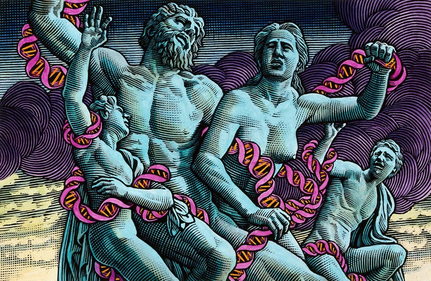 The family of Laocoön entwined in coils of DNA. Scraperboard drawing by Bill Sanderson, 1990.