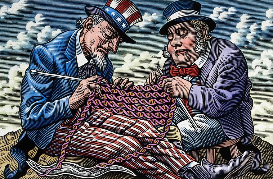 Anglo-American research on the human genome, represented by Uncle Sam and John Bull knitting DNA. Scraperboard drawing by Bill Sanderson, 1990.