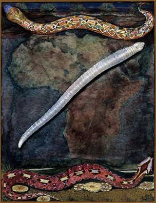 Parasites: a parasitical worm, shown much enlarged, with its hosts. Gouache painting by J. Svoboda after L.W. Sambon.