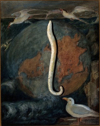 Parasites: a parasitical worm, shown much enlarged, with its hosts. Gouache painting by J. Svoboda after L.W. Sambon.