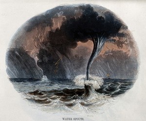 view Geography: water spouts at sea, with rain. Coloured wood engraving by C. Whymper.