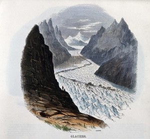 view Geography: glaciers. Coloured wood engraving by C. Whymper.