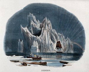 view Geography: a gigantic iceberg at sea, dwarfing a sailing ship. Coloured wood engraving by C. Whymper.