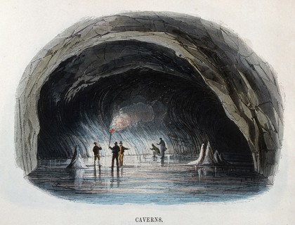 Geography: men in a large cave, with torches. Coloured wood engraving by C. Whymper.