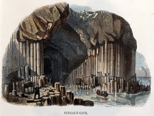 view Geography: men in a rowing boat, entering Fingal's Cave. Coloured wood engraving by C. Whymper, 18--.