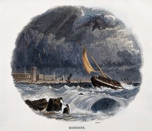view Geography: monsoons at sea, with rain. Coloured wood engraving by C. Whymper.