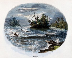 view Geography: rapids in North America. Coloured wood engraving by C. Whymper.