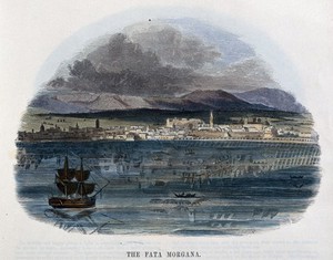 view Geography: a mirage in the straits of Messina. Coloured wood engraving by C. Whymper.