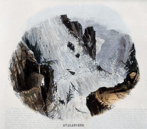 view Geography: avalanches. Coloured wood engraving by C. Whymper.