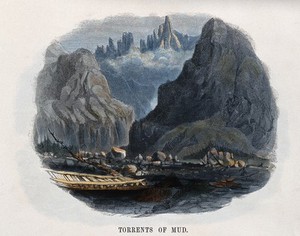 view Geography: avalanches of mud. Coloured wood engraving by C. Whymper.