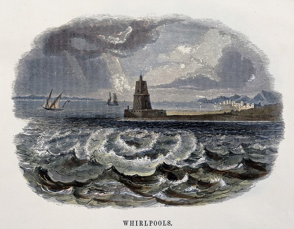 Geography: whirlpools. Coloured wood engraving by C. Whymper.