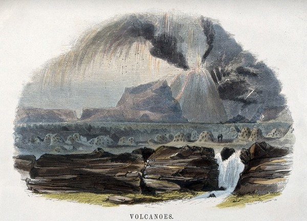 Geography: a volcano in eruption. Coloured wood engraving by C. Whymper.