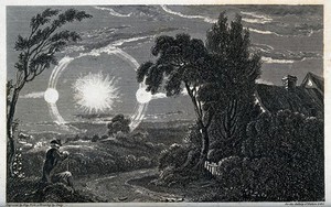 view Astronomy: an atmospheric condition producing sun dogs, giving the effect of two suns. Engraving by F.R. Hay, 1820, after W.M. (?) Craig.