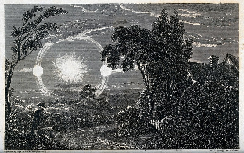 Astronomy: an atmospheric condition producing sun dogs, giving the effect of two suns. Engraving by F.R. Hay, 1820, after W.M. (?) Craig., May 1 1820, by William Marshall Craig