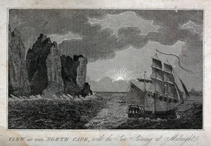 view Astronomy: a sailing ship at the North Cape, Norway, sailing under the midnight sun. Engraving, 1825.