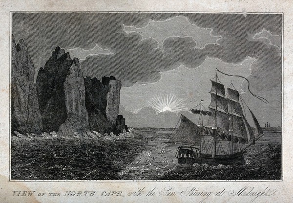 Astronomy: a sailing ship at the North Cape, Norway, sailing under the midnight sun. Engraving, 1825.