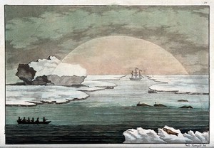 view Meteorology: the sun in Baffin Bay disperses thick fog in the shape of a semicircle. Coloured etching by P. Fumagalli, 1827, after B. O'Reilly.