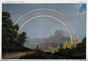 view Meteorology: a double rainbow. Colour lithograph by R.H. Digeon, 1868, after E. Ronjat.