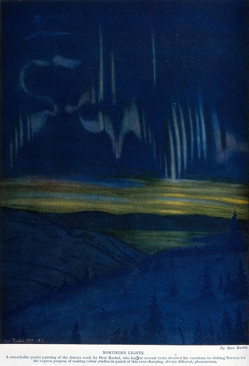 Astronomy: the Aurora Borealis, with pine trees in the foreground. Coloured lithograph after a pastel by M. Raebel, 1909.